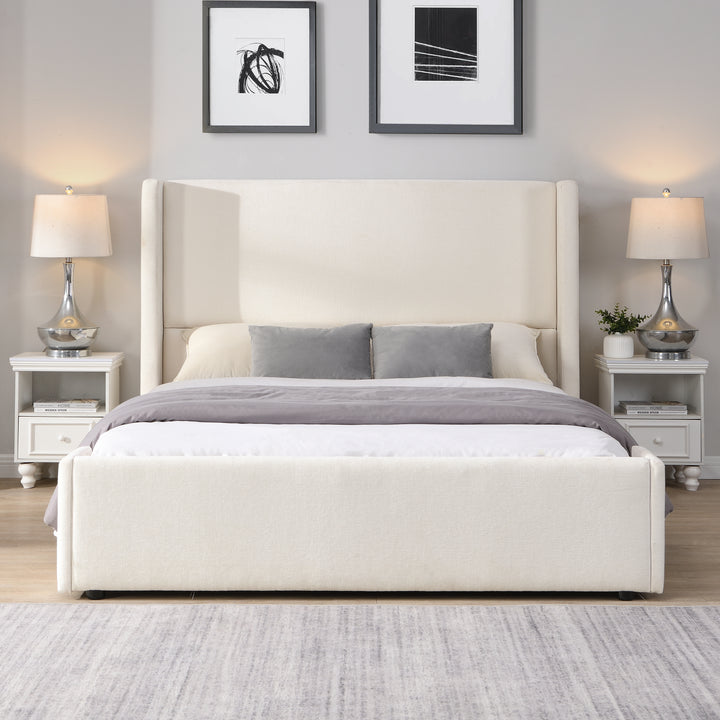 Wingback Upholstered Queen Bed – White