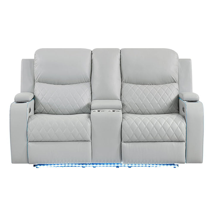 Elonzo - Power Motion Loveseat With Console, LED, Power Headrest & Speaker - Light Gray