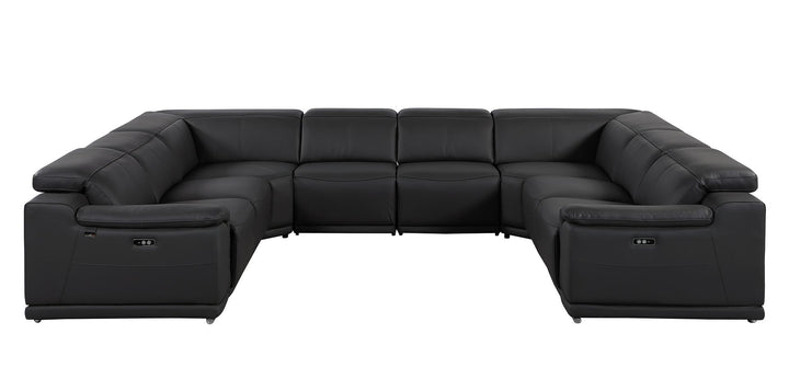 DivanItalia 9762 8-Piece U Shaped Top Grain Italian Leather Sectional Sofa with 4 Power Recliners – No Console - Black