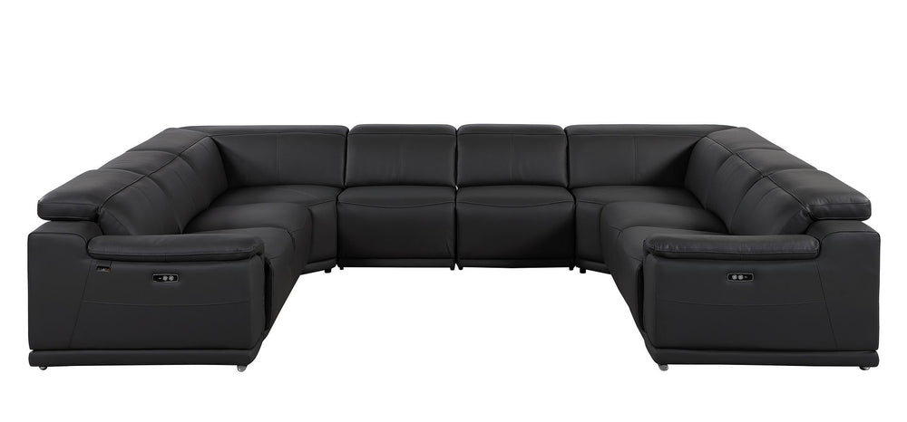 DivanItalia 9762 8-Piece U Shaped Top Grain Italian Leather Sectional Sofa with 4 Power Recliners – No Console - Black
