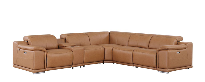 DivanItalia 9762 6-Piece L Shaped Top Grain Italian Leather Sectional Sofa with 3 Power Recliners - Cognac