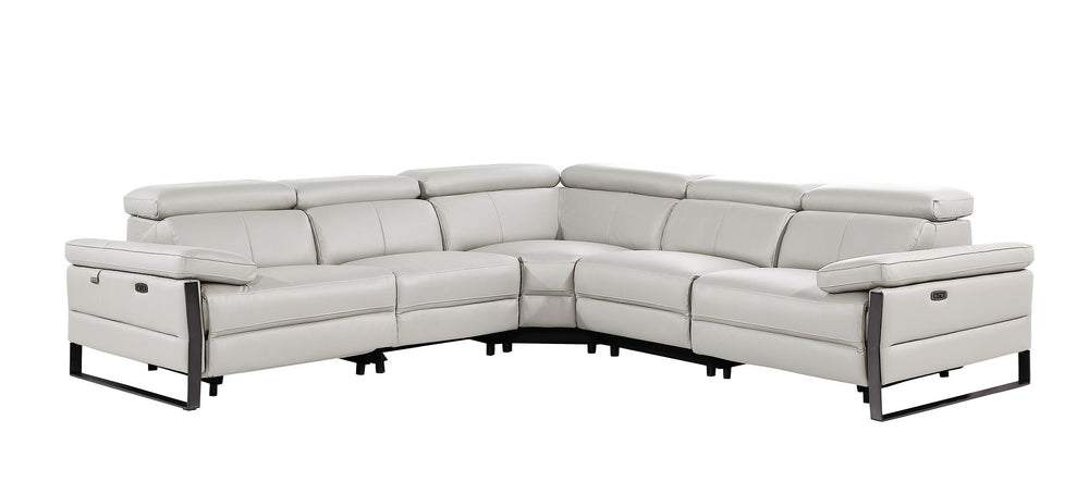 DivanItalia 1246 5-Piece L-Shaped Modular Power Reclining Sectional with Power Headrests – Top Grain Italian Leather - Light Gray