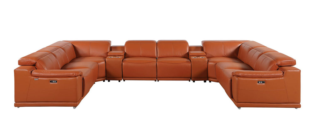 DivanItalia 9762 10-Piece U Shaped Top Grain Italian Leather Sectional Sofa with 4 Power Recliners - Camel