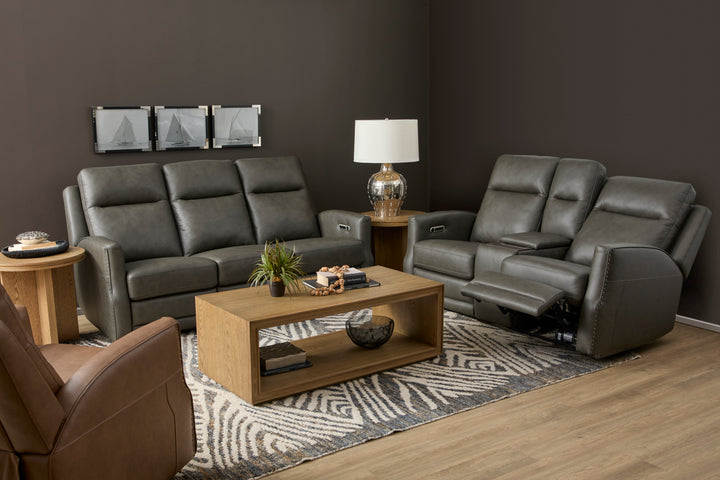 Maxwell Leather Power Reclining Loveseat with Console, Power Headrests and Lumbar in Cinder