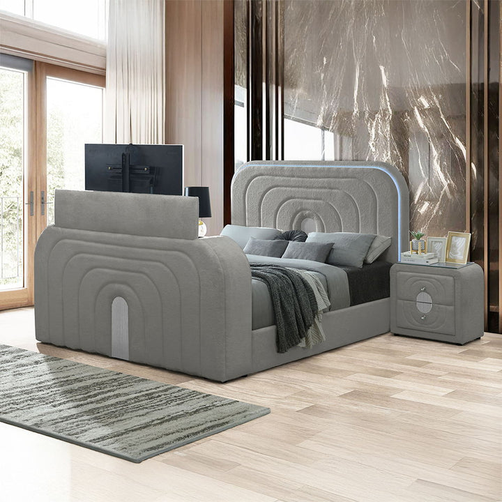 Shelyn - Eastern King Bed With Led, TV Stand, Fireplace & Bluetooth - Gray Teddy Sherpa & Chrome