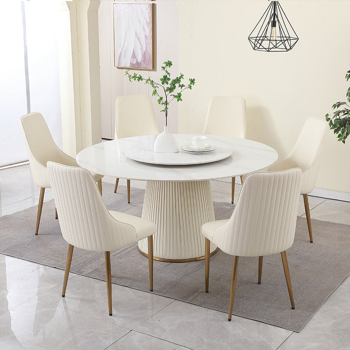 7-Piece 59″ Sintered Stone Round Dining Table with Lazy Susan & Metal Pedestal Dining Set