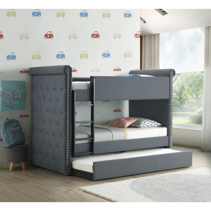 ACME Furniture Romana II Twin Over Twin Bunk Bed With Trundle Gray Fabr