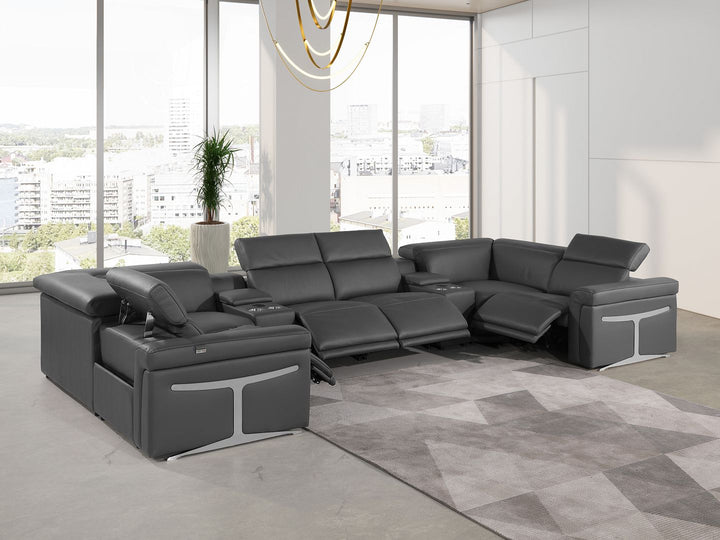 DivanItalia 1126 8-Piece U-Shaped Sectional Sofa in Top Grain Italian Leather with 4 Power Recliners &amp; Power Headrests – with Console - Dark Gray