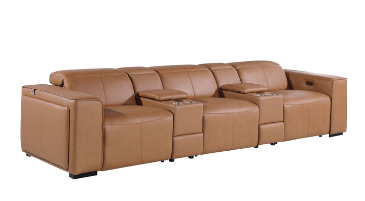 DivanItalia 1224 5-Piece Modular Power Reclining Sofa in Top Grain Italian Leather with 3 Power Recliners &amp; Power Headrests - Cognac