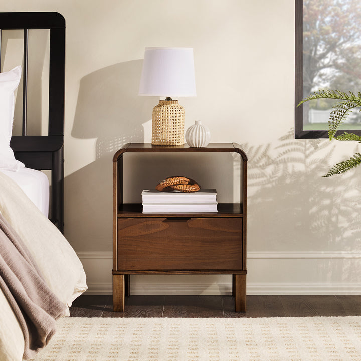 Modern Minimalist Curved-Top Solid Wood Nightstand in Brown