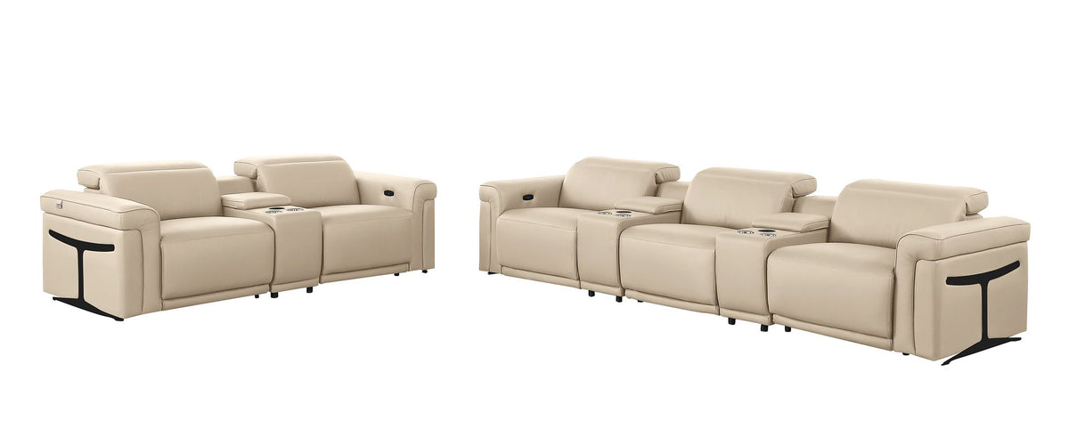 DivanItalia 1126 8-Piece Modular Power Reclining Sofa & Loveseat Set in Top Grain Italian Leather with 5 Power Recliners & Power Headrests - Beige