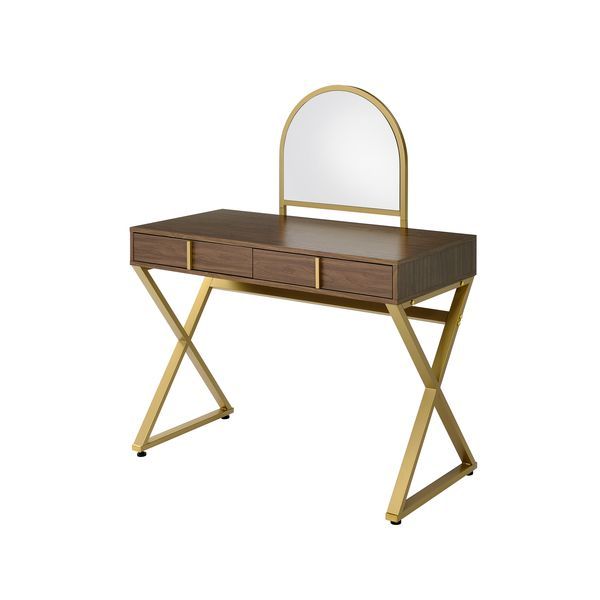 Coleen - Vanity Desk With Mirror & Jewelry Tray - Walnut & Gold