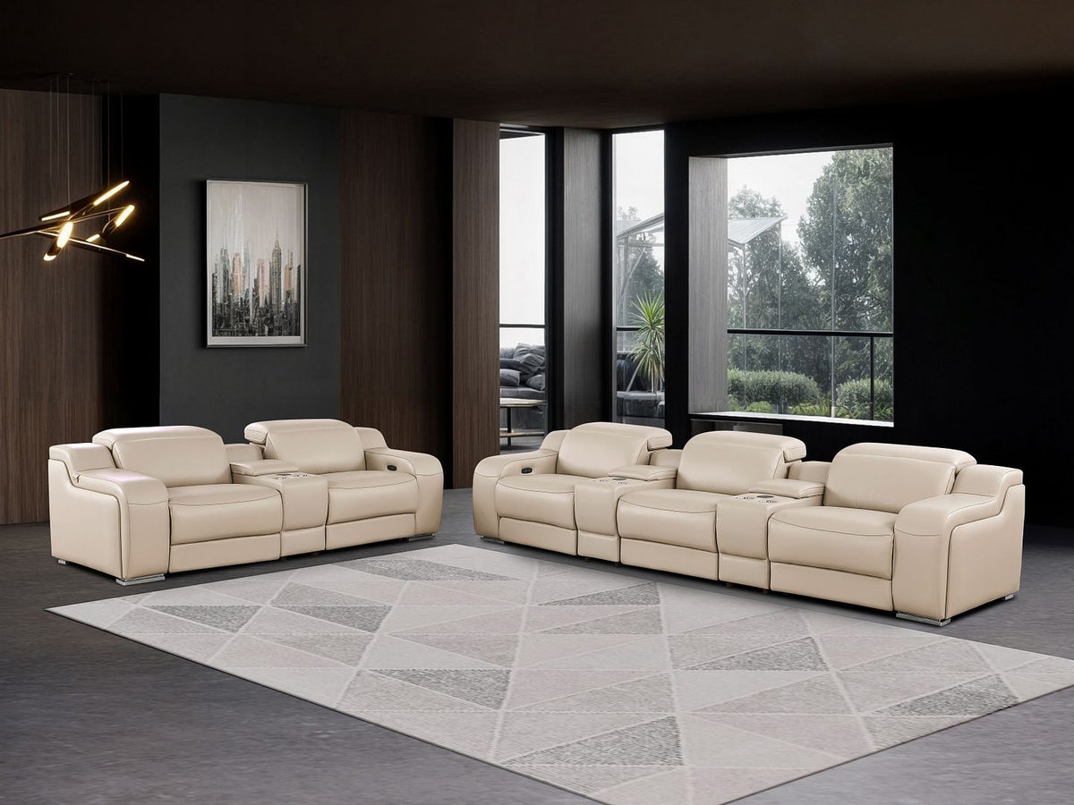 DivanItalia 1116 8-Piece Modular Power Reclining Sofa, Loveseat & Chair Set in Top Grain Italian Leather with 5 Power Recliners & Power Headrests - Beige