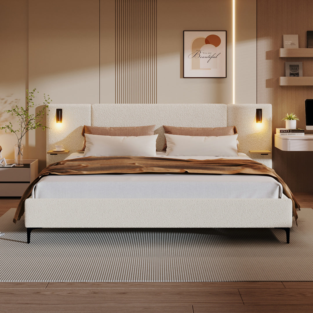 Boucle King Bed with Lights and Shelves – White
