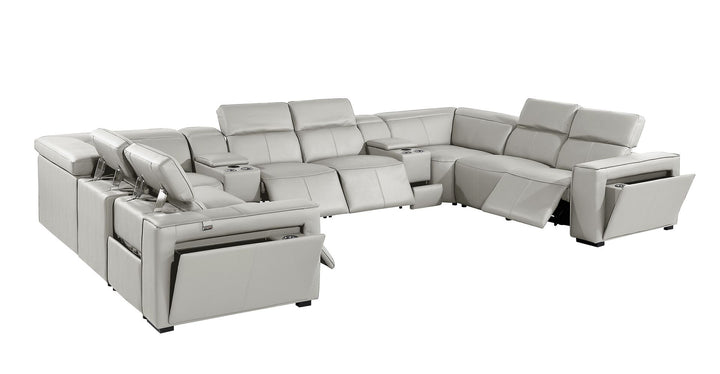 DivanItalia 1224 10-Piece U-Shaped Sectional Sofa in Top Grain Italian Leather with 4 Power Recliners &amp; Power Headrests - Light Gray