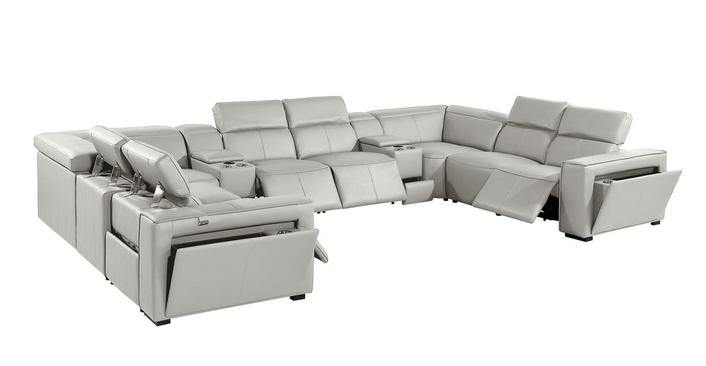 DivanItalia 1224 10-Piece U-Shaped Sectional Sofa in Top Grain Italian Leather with 4 Power Recliners & Power Headrests - Light Gray
