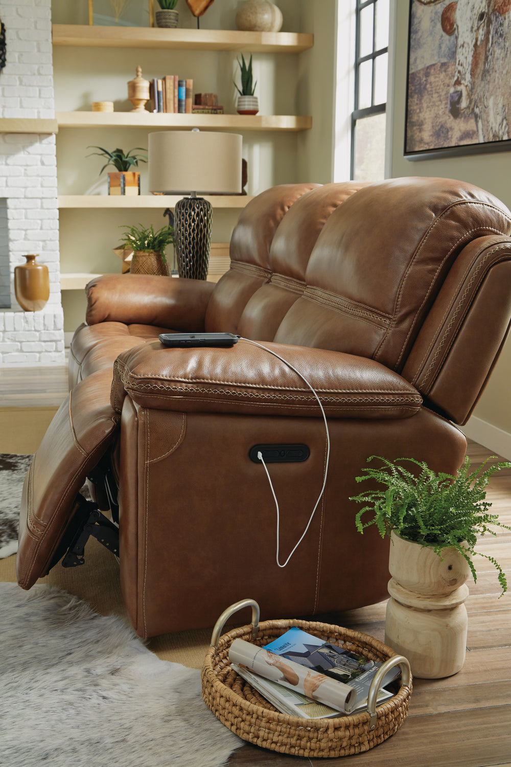 Fenwick Leather Power Reclining Sofa with Power Headrests in Cognac