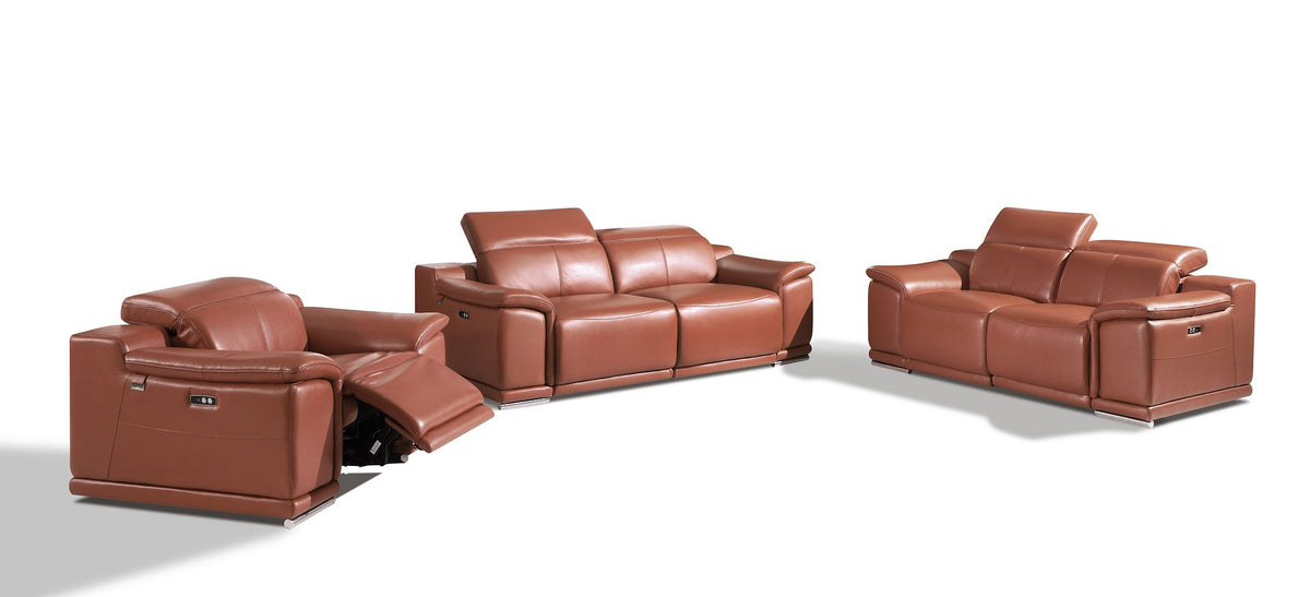 DivanItalia 9762 Top Grain Italian Leather Power Reclining Sofa, Loveseat and Chair Set with Adjustable Headrests - Camel
