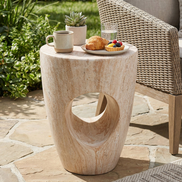 19" MgO Cutout Outdoor Side Table – Beige Marble