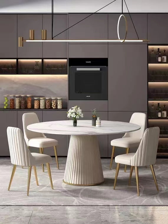 53″ Modern Sintered Stone Round Dining Table with Stainless Steel Base and 4 Chairs