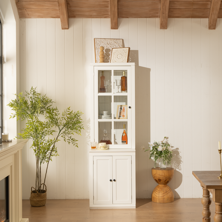 Retro Style Hutch Cabinet with Single Glass Door, White