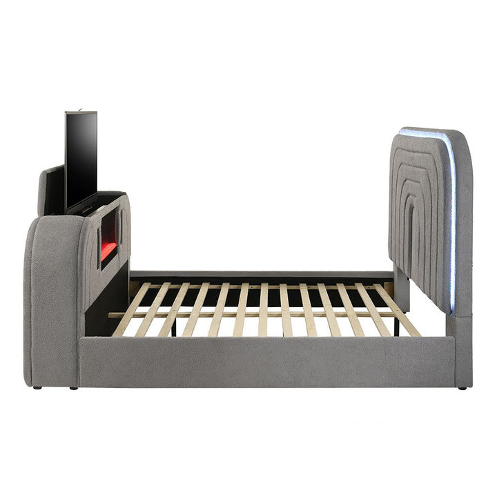 Shelyn - Queen Bed With Led, TV Stand, Fireplace & Bluetooth - Gray Teddy Sherpa & Chrome