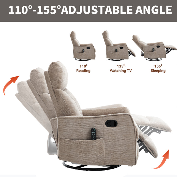 Khaki Heat &amp; Massage Manual Swivel Rocker Recliner Chair in Fabric