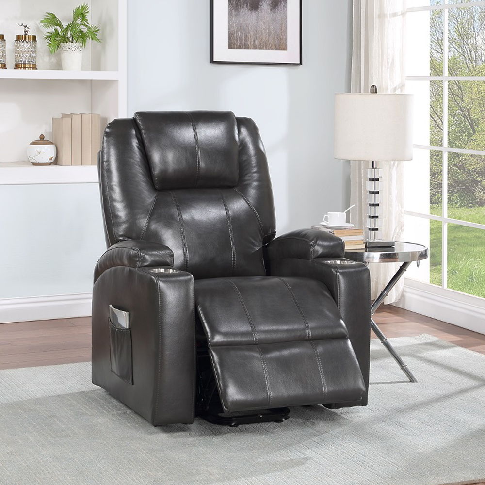 Evander - Recliner With Power Lift & Massage - Gunmetal Leather Aire