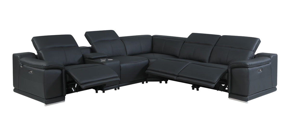 DivanItalia 9762 6-Piece L Shaped Top Grain Italian Leather Sectional Sofa with 3 Power Recliners - Black