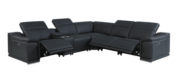 DivanItalia 9762 6-Piece L Shaped Top Grain Italian Leather Sectional Sofa with 3 Power Recliners - Black
