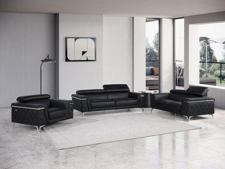 DivanItalia 1140 3-Piece Sofa Set with Adjustable Headrest in Top-Grain Italian Leather - Black