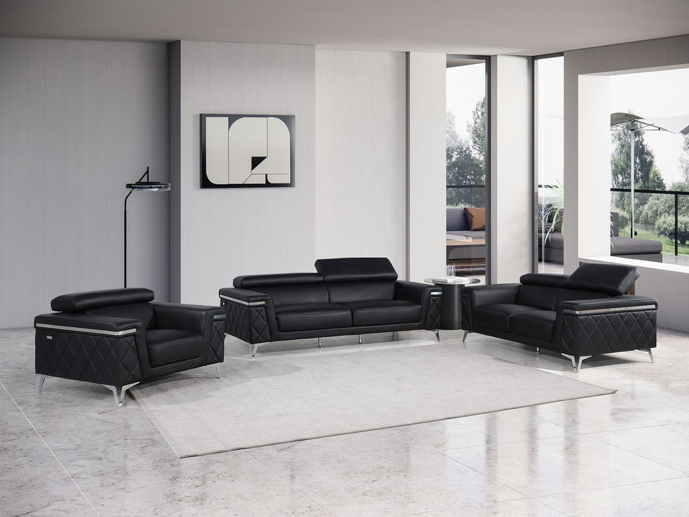 DivanItalia 1140 3-Piece Sofa Set with Adjustable Headrest in Top-Grain Italian Leather - Black
