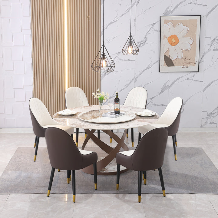 7-Piece 59″ Modern Sintered Stone Round Dining Table with 31.5″ Rotating Turntable &amp; Metal Pedestal