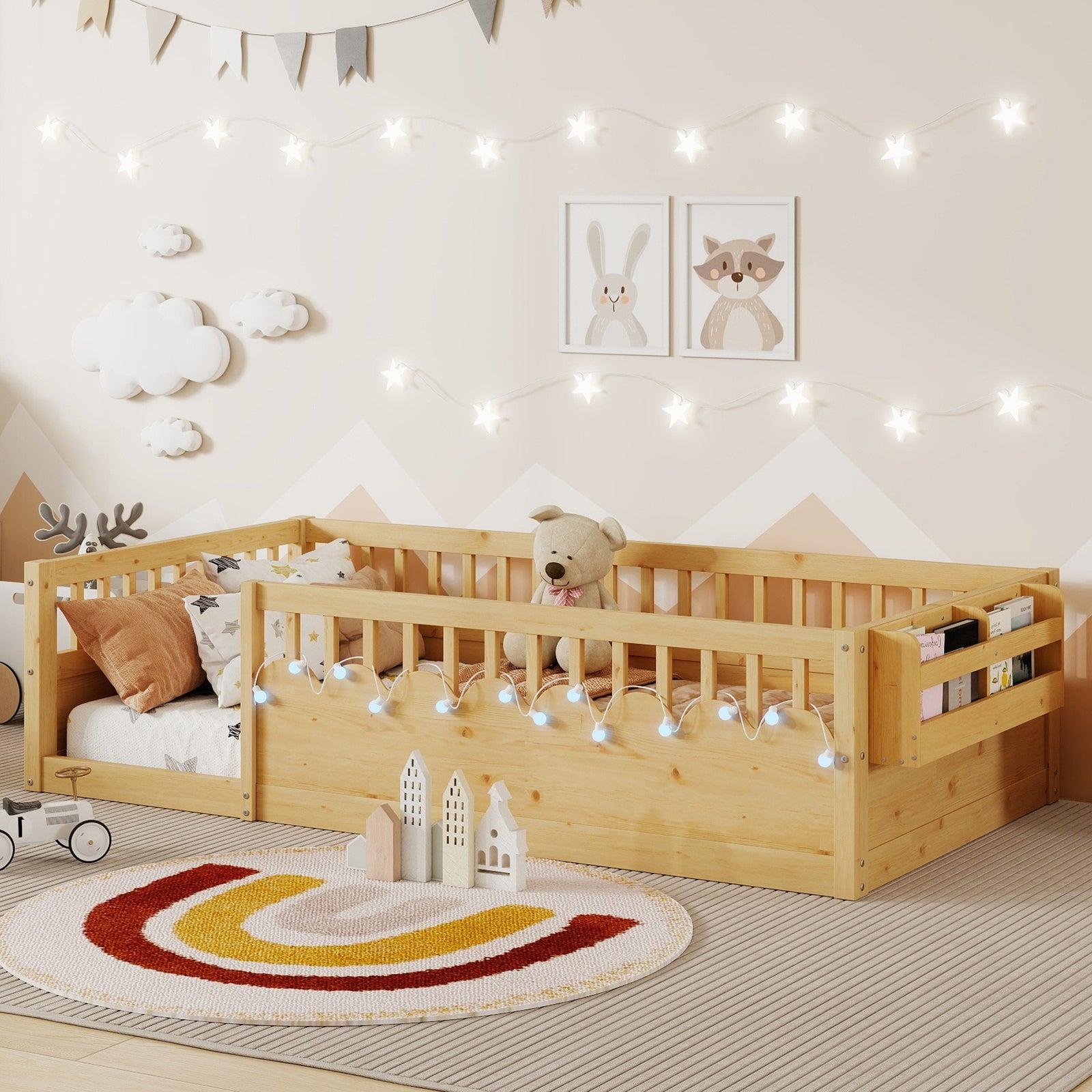 twin-montessori-floor-bed-frame-with-high-rails-and-storage-shelf-natural