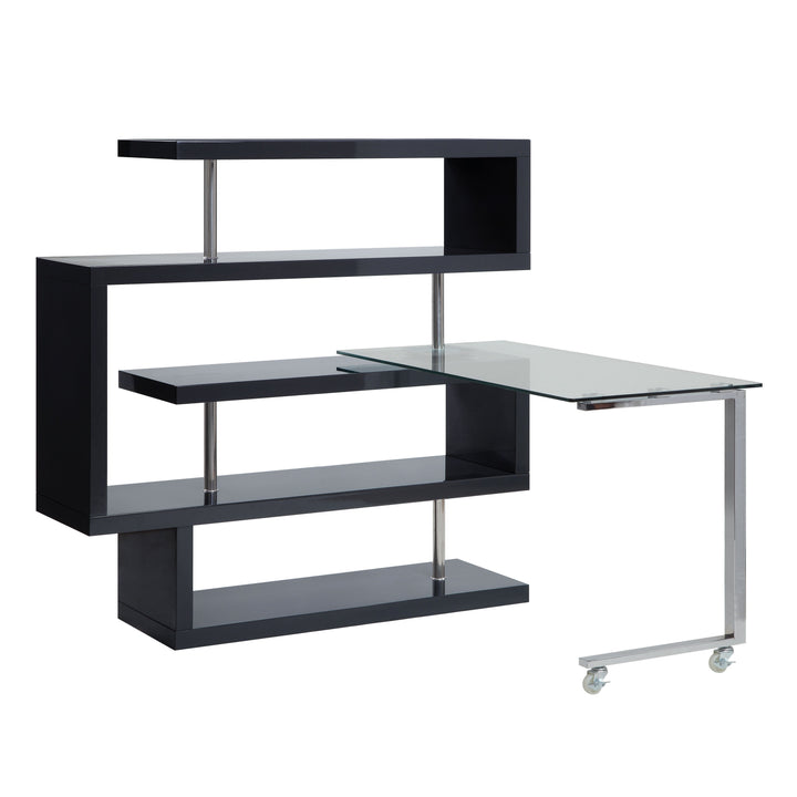 Buck II - Writing Desk With Bookshelf - Clear Glass, Chrome & Black High Gloss