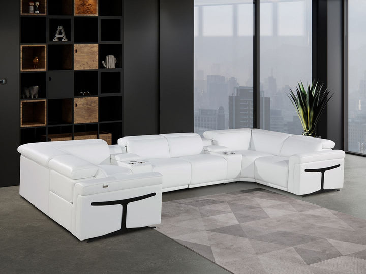 DivanItalia 1126 8-Piece U-Shaped Sectional Sofa in Top Grain Italian Leather with 2 Power Recliners &amp; Power Headrests - White