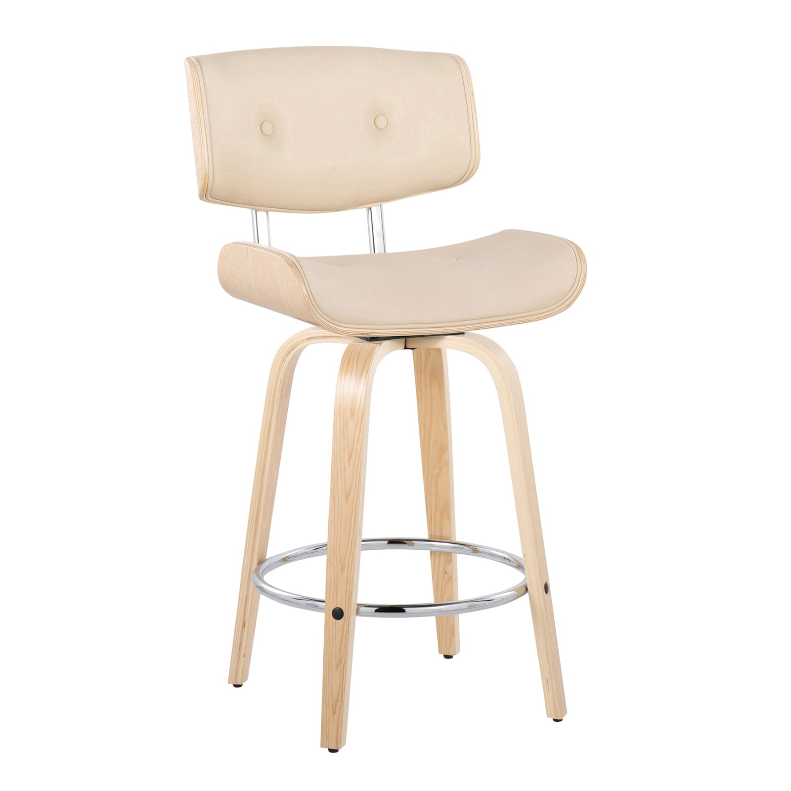 Lombardi 26-Inch Mid-Century Modern Swivel Counter Stools in Natural Wood & Cream Faux Leather 