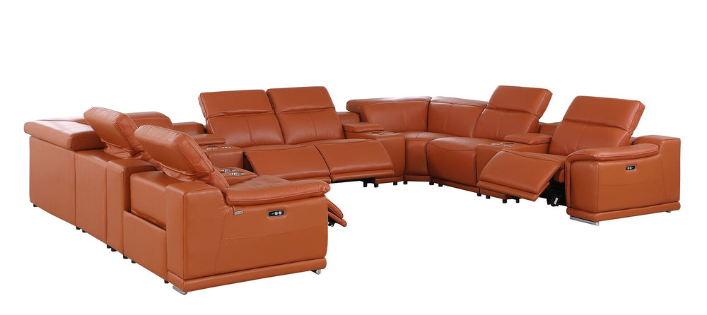 DivanItalia 9762 12-Piece U Shaped Top Grain Italian Leather Sectional Sofa with 4 Power Recliners - Camel
