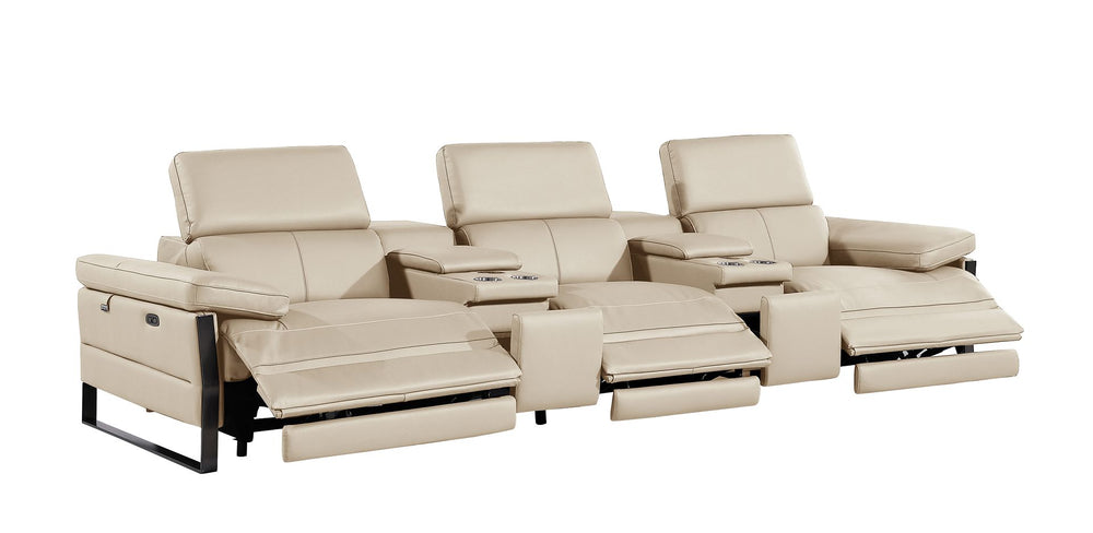 DivanItalia 1246 Modular Power Triple Reclining Dual Console Sofa with Power Reclining Headrests – Top Grain Italian Leather - Beige