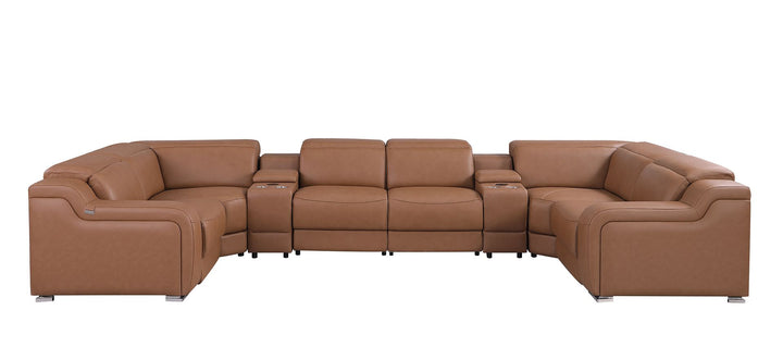 DivanItalia 1116 8-Piece U-Shaped Sectional Sofa in Top Grain Italian Leather with 2 Power Recliners &amp; Power Headrests – with Console - Cognac