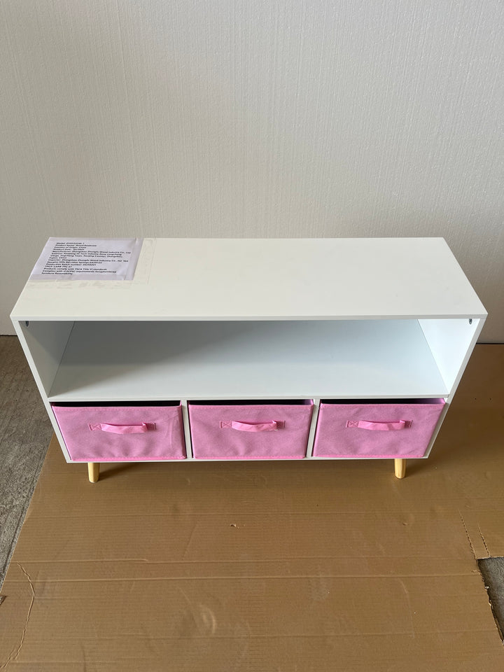 modern-kids-bookcase-with-collapsible-fabric-drawers-childrens-book-display-toy-storage-white-pink-mdf-pine-legs