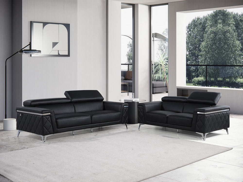 DivanItalia 1140 2-Piece Sofa Set with Adjustable Headrest in Top-Grain Italian Leather - Black