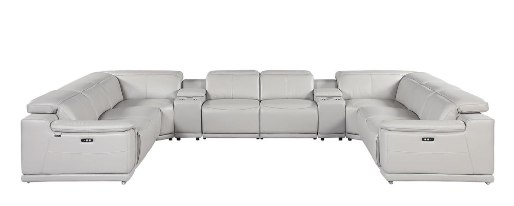 DivanItalia 9762 10-Piece U Shaped Top Grain Italian Leather Sectional Sofa with 4 Power Recliners - Light Gray