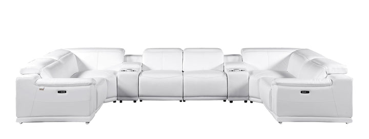 DivanItalia 9762 8-Piece U Shaped Top Grain Italian Leather Sectional Sofa with 4 Power Recliners – with Console - White