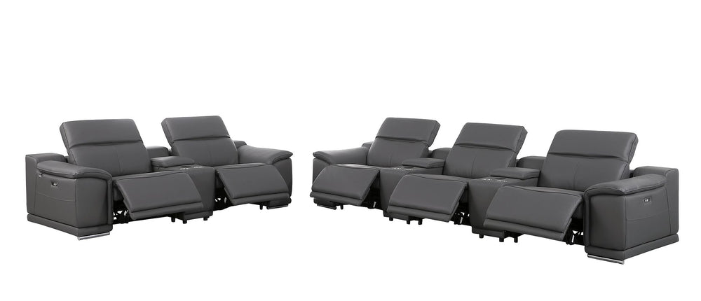 DivanItalia 9762 8-Piece Modular Power Reclining Sofa and Console Loveseat Set with Top Grain Italian Leather - Dark Gray