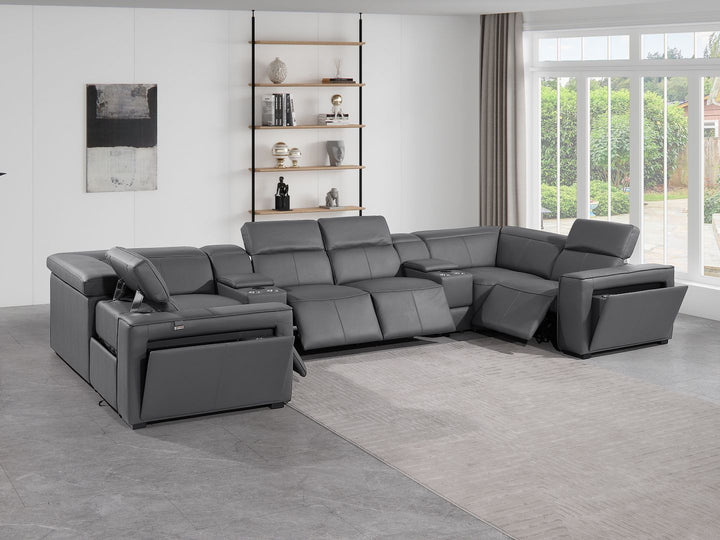 DivanItalia 1224 8-Piece U-Shaped Sectional Sofa in Top Grain Italian Leather with 4 Power Recliners &amp; Power Headrests – with Console - Dark Gray