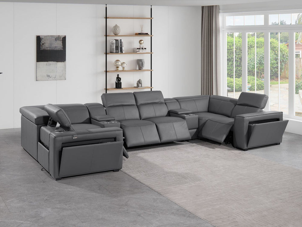 DivanItalia 1224 8-Piece U-Shaped Sectional Sofa in Top Grain Italian Leather with 4 Power Recliners & Power Headrests – with Console - Dark Gray