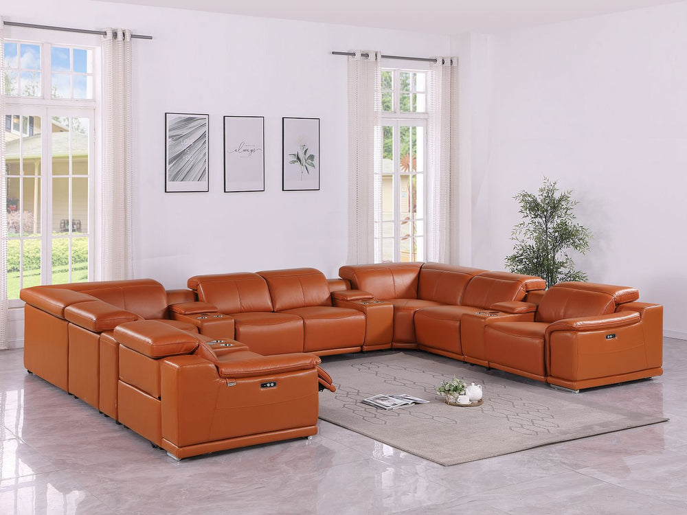 DivanItalia 9762 12-Piece U Shaped Top Grain Italian Leather Sectional Sofa with 4 Power Recliners - Camel