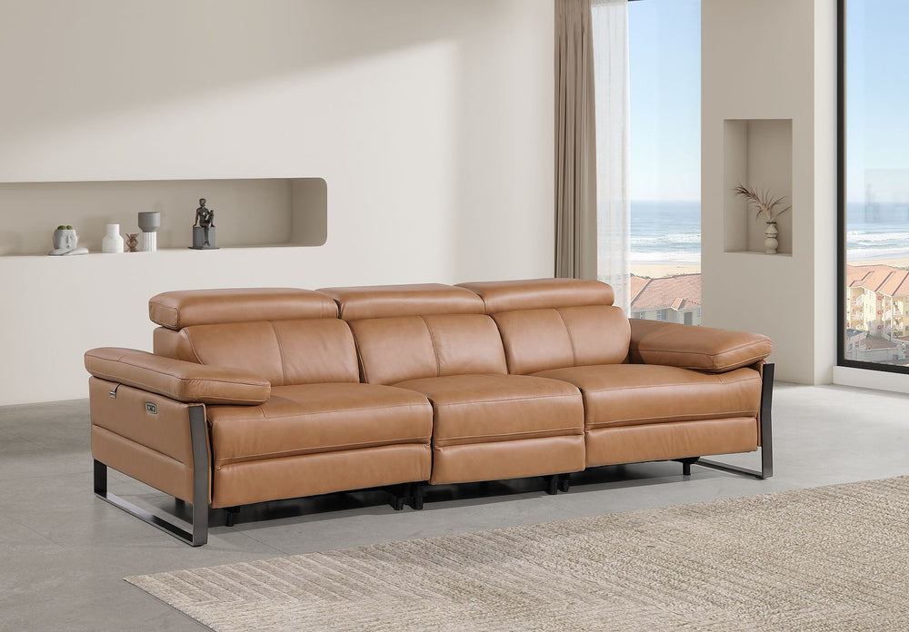 DivanItalia 1246 Modular Power Triple Reclining Sofa with Power Reclining Headrests – Top Grain Italian Leather - Cognac