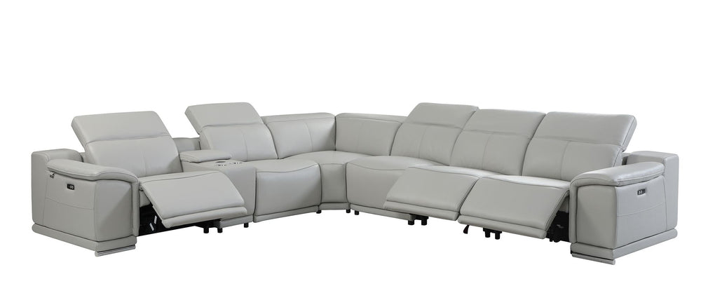 DivanItalia 9762 7-Piece L Shaped Top Grain Italian Leather Sectional Sofa with 3 Power Recliners - Light Gray